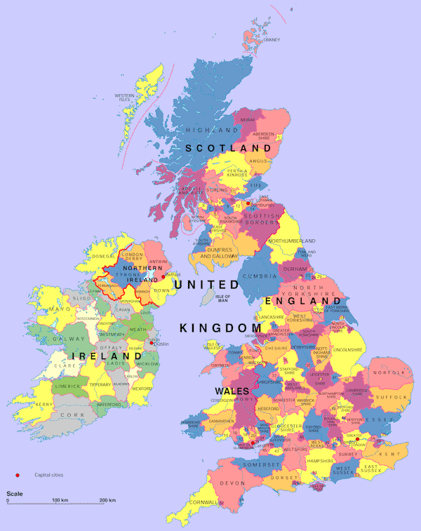 map of the uk and ireland. UK consists of four nations: England, Wales, Scotland and Northern Ireland.